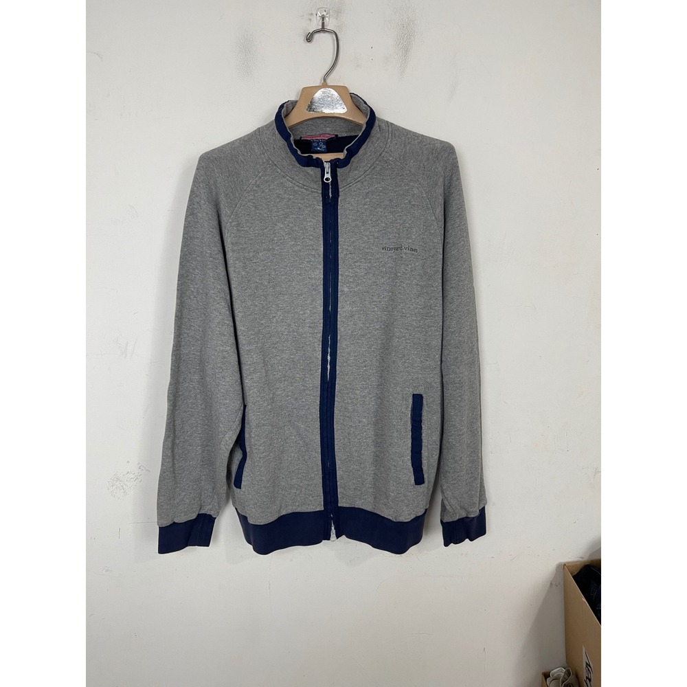 Vineyard Vines Men XL Full Zip Track Jacket Gray Navy Blue 100% Cotton Mock Neck